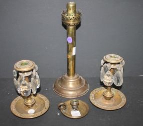 Brass Candlestand, Pair of Brass Candlesticks with Prisms, and Small Brass Candlestick Brass Candlestand (missing shade) 12