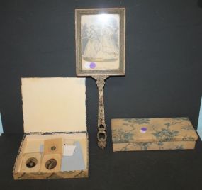 Vintage Mirror Frame with Godey Print and Two Cloth Covered Boxes