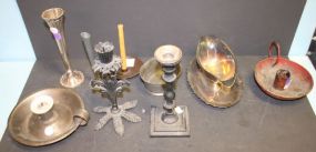 Iron Candlesticks, Silverplate Gravy Boat, and Vase 7