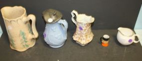 Pottery Pitcher, Porcelain Pitcher, Creamer/Pewter Lid Luster Pitcher, and Toothpick Holder Pottery Pitcher, Porcelain Pitcher, Creamer/Pewter Lid (crack) Luster Pitcher, and Toothpick Holder