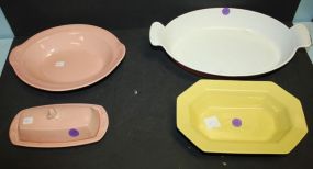 Large Porcelain Casserole, Yellow Octagon Casserole, Pink Vegetable Bowl, and Pink Butter Large Porcelain Casserole, Yellow Octagon Casserole, Pink Vegetable Bowl, and Pink Butter.