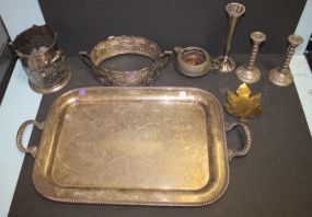 Silverplate Tray, Candlesticks, Vase, and Casserole Frame Silverplate Tray, Candlesticks, Vase, and Casserole Frame