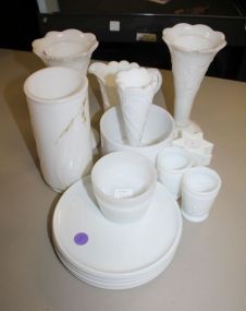 Milk Glass Vases, Candleholders, and Pitcher