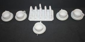 Five Miniature Cups/Saucers, Toast or Napkin Holder Five Miniature Cups/Saucers, Toast or Napkin Holder.