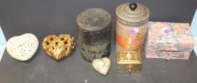 Various Boxes which are cloth, brass, and tin.