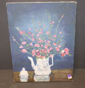 Oil Painting of Pitcher with flowers signed Bee Aiken, 12