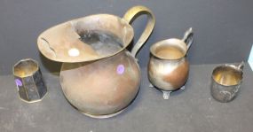 Brass Water Pitcher, Three Small Silverplate Pitchers pitchers