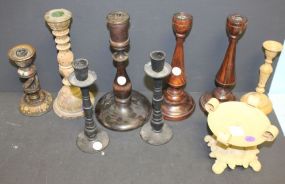 Collection of Nine Wood & Metal Candlesticks