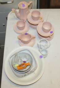 Pink Ceramic Pitcher, Creamer, 5 Cups, 6 Saucers, Porcelain Pie Plate, Bowls, and Miniature Glass 6