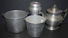 Pewter Teapot, Aluminum Measure Cup, and Bucket
