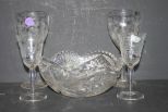 Cut Glass Bowl and Four Etched Glasses bowl 8
