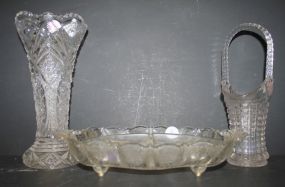 Etched Glass Divided Dish, Pressed Glass Basket, and Pressed Glass Vase Vase 10