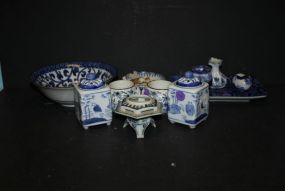 Grouping of Blue and White Porcelain, Tray, Small Jars, and Vases, Bowl 6