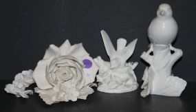 Two White Porcelain Birds and Three Porcelain Flowers