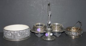 Silverplate Bowl with Liner Two Pewter Pieces, Plated Basket, Silverplate Condiment Holder, and Two Spoons