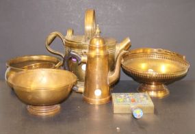 Brass Lot Kettle, teapot, bowls, and crumber
