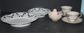 Two Flinridge Cups/Saucers, Japanese Dish, Two Porcelain Plates