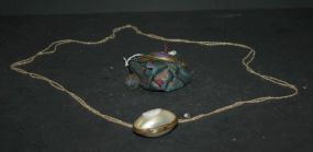 Vintage Lady's Change Purse and Mother of Pearl Necklace/Pill Box purse (brass, cloth)