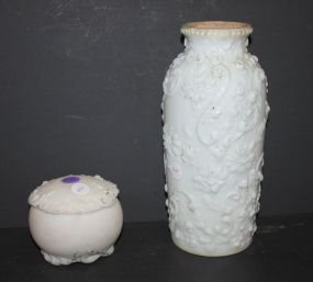 Victorian Painted White Vase and White Round Glass Box Vase 10