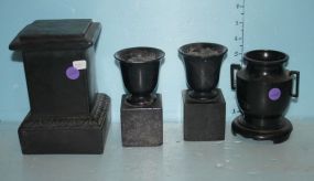 Black Stone Candlestand, Metal Vase, and Pair of Stone Urn Vase Black Stone Candlestand 7