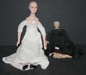Early Painted Wood Doll and Painted Bisque Doll