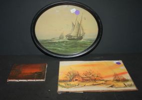 Oval Print of Ship, Watercolor of Barn, and Small Oil of Cabin on Lake Oval Print of Ship, Watercolor of Barn signed Myra Rein 9