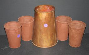 Six Painted Buckets and One Brass Bucket