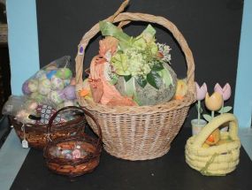 Large Basket with Eggs, Three Other Baskets, Eggs, and Tulip Pots
