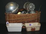 Basket Full of Kitchen Molds and Two Small Ceramic Pans 6