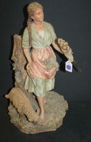 Figural Statue of Lady with Sheep has damage
