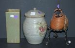 Pottery Vase, Jar, and Metal Candleholder