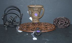 5 pieces of Metal Napkin holder, candle holder, door knocker, oval tray, and small trivet.