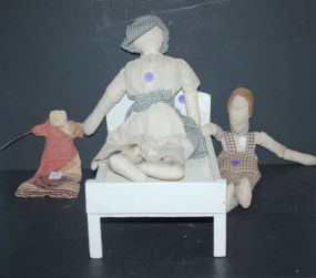 3 Homemade Dolls and Wood Doll Bed