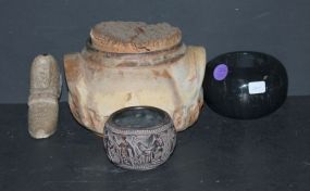 Pottery Jar Signed Douglas onyx bowl, made in greece bowl, and shoe.