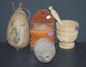 Wooden Holder, Wood Morter and Pestle, Wood Eggs, and Nesting Eggs