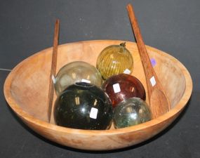 Large Wood Bowl, Wood Fork & Spoon, and Five Glass Balls