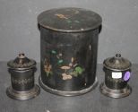Black Stenciled Jar with Lid and 2 Small Block Stenciled Jars with Lids