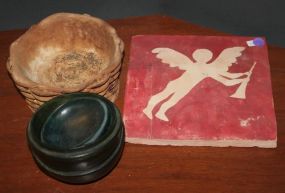 Painted Angel Plaque, Pottery Planter, and Wooden Bowls