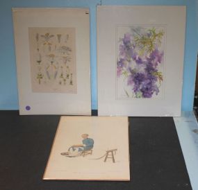 Lithographs and Watercolor signed MS Henly Pu-Qua, Canton, Delin, Oriental Woman. Watercolor of flowers and Lithograph of different plants and stages.