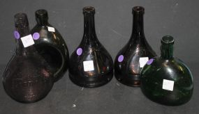 5 Glass Bottles 3 purple and 2 green
