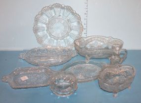 8 Pieces of Clear Press Glass Fruit bowl, cruet, egg tray, 3 small trays, 2 small dishes