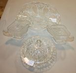 4 Pieces of Clear Press Glass Butter dish, creamer and sugar, fan basket.