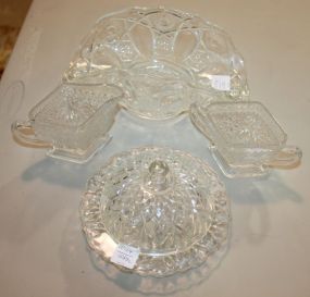 4 Pieces of Clear Press Glass Butter dish, creamer and sugar, fan basket.