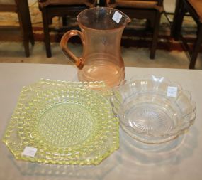 3 Pieces of Depression Era Glass Pink depression glass pitcher, heissy glass signed bowl, Vaseline sandwich tray.