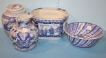 4 Pieces Blue and White Pottery Pieces Ginger, Jar, Jug, bowl, Planter.