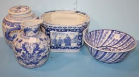 4 Pieces Blue and White Pottery Pieces Ginger, Jar, Jug, bowl, Planter.
