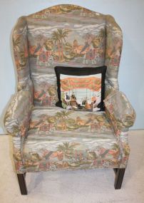 Wing Back Chair Chair covered in oriental motif fabric and throw pillow, 30