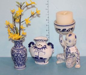 3 Pieces Blue and White Porcelain Oriental bag candle stand, 2 small vases, 5