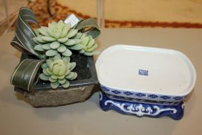 Blue and White Planter Base, Square Pot with Faux Cactus Blue and White Planter Base, Square Pot with Faux Cactus