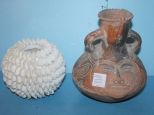 Terra Cotta Face Vase and Shell Candleholder Terra Cotta Face Vase and Shell Candleholder.